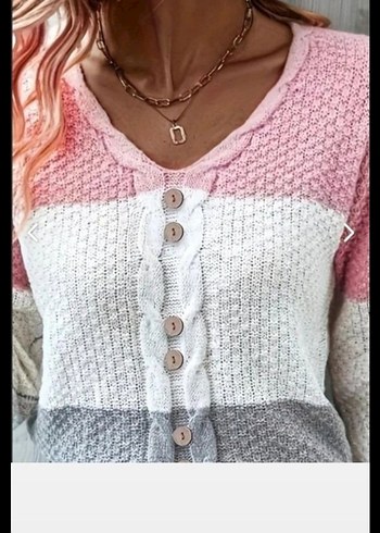 V YAKALI ÖNDEN DÜĞMELİ RENK BLOKLU TRİKO KAZAK - Görsel 5