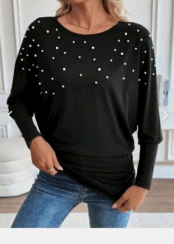 UZUN KOLLU YUVARLAK YAKA İNCİLİ VİSKON BLUZ - Görsel 4