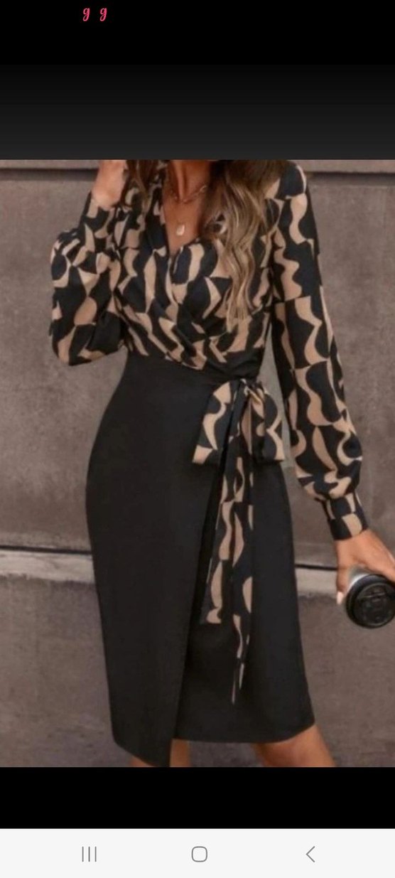 UZUN KOLLU KRUVAZE YAKA DİJİTAL BASKILI FİYONKLU ATLAS ELBİSE - Görsel 5