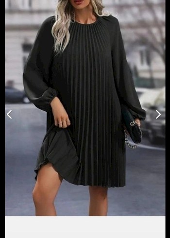 YUVARLAK YAKA PİLELİ SALAŞ İTHAL KREP ELBİSE - Görsel 2