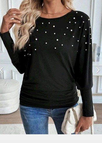 UZUN KOLLU YUVARLAK YAKA İNCİLİ VİSKON BLUZ - Görsel 3