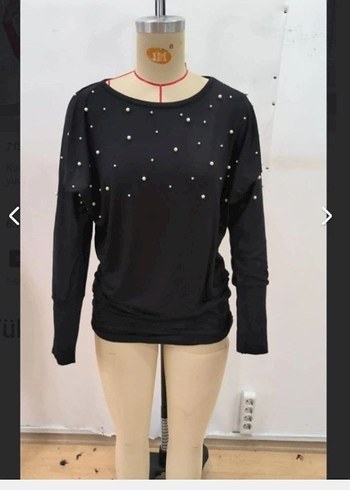 UZUN KOLLU YUVARLAK YAKA İNCİLİ VİSKON BLUZ - Görsel 6