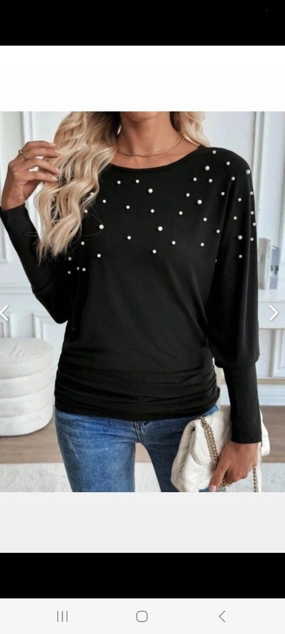 UZUN KOLLU YUVARLAK YAKA İNCİLİ VİSKON BLUZ - Görsel 3