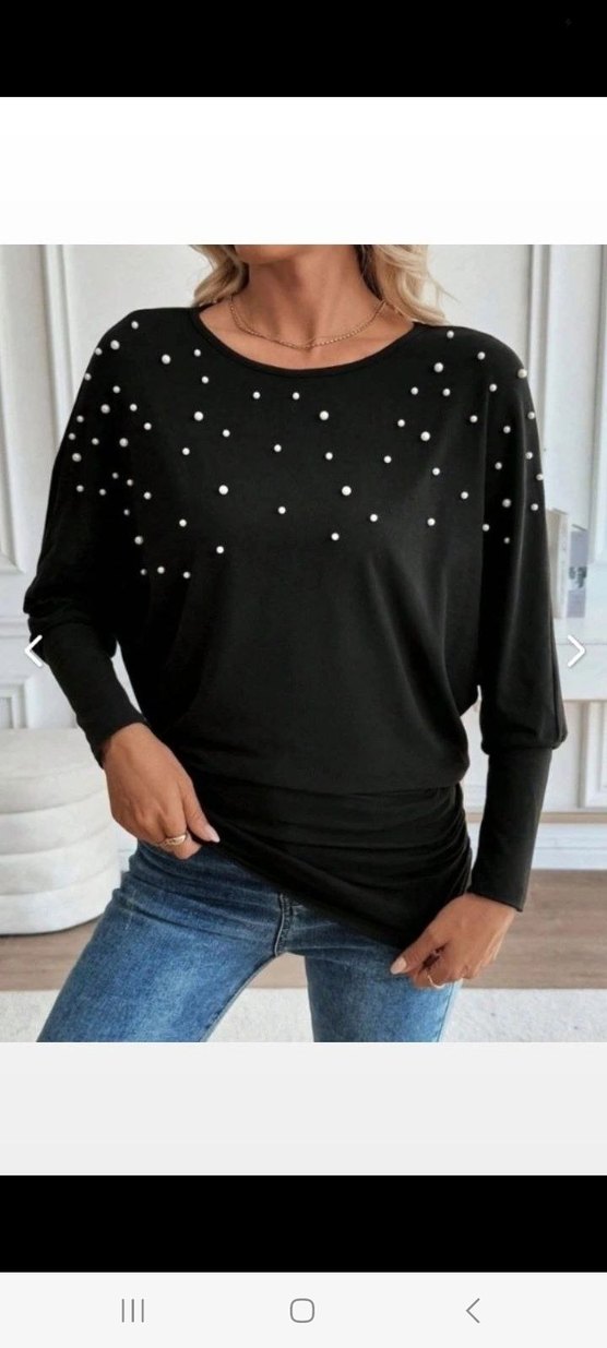 UZUN KOLLU YUVARLAK YAKA İNCİLİ VİSKON BLUZ - Görsel 4