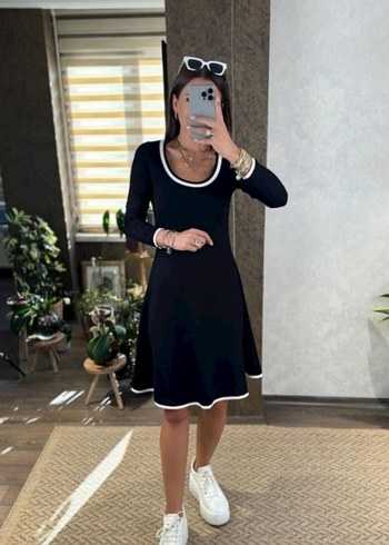 UZUN KOLLU YUVARLAK YAKA MİDİ İKİ İPLİK VİSKON ELBİSE - Görsel 3