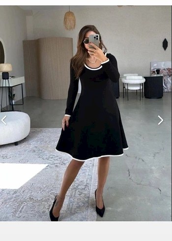 UZUN KOLLU YUVARLAK YAKA MİDİ İKİ İPLİK VİSKON ELBİSE - Görsel 4