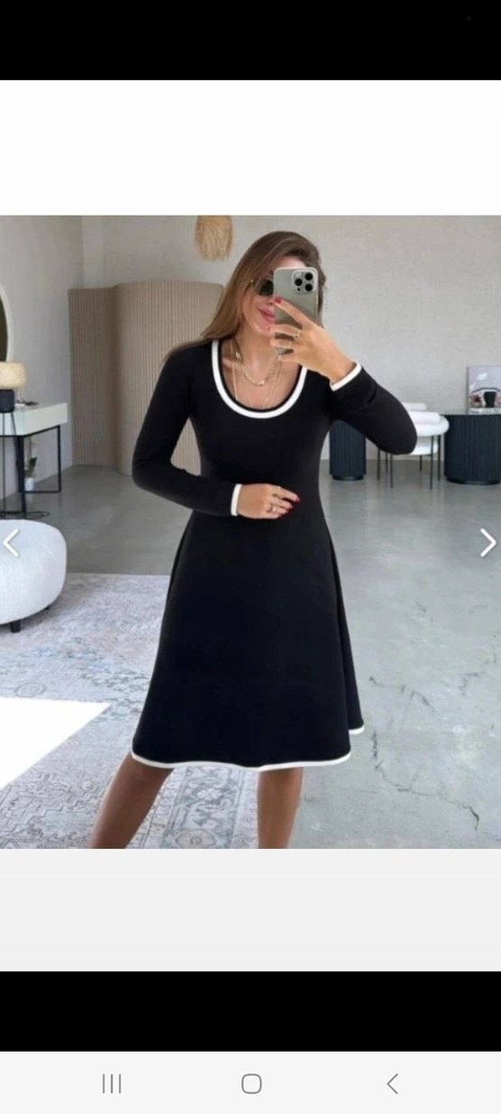 UZUN KOLLU YUVARLAK YAKA MİDİ İKİ İPLİK VİSKON ELBİSE - Görsel 2