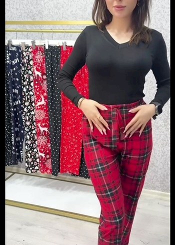 pijama alt kırmızı üzeri beyaz geyikli - Görsel 6