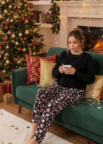 pijama alt kırmızı üzeri beyaz geyikli - Görsel 3