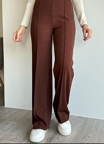 xxl Beden kahverengi Renk Çımalı geniş paçalı beli lastikli Krep kumaş pantolon 