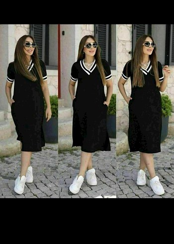 YAKA KOL RİBANALI CEP VE YIRTMAÇ DETAY MİDİ ELBİSE