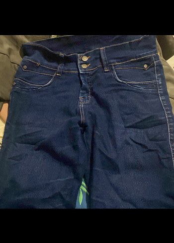 Düğmeli Koyu Mavi Kadın Denim Pantolon - Görsel 3