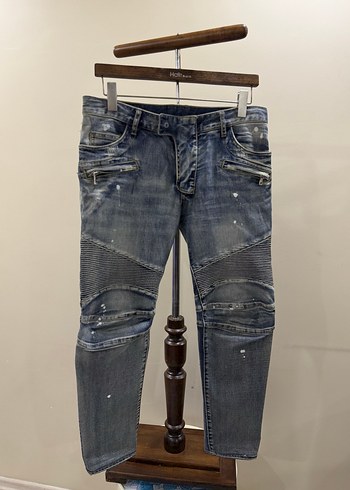 Balmain Gri Mavi Biker Denim Erkek Pantolon