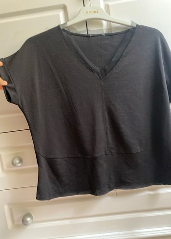 Siyah Keten Hamile Tişörtü, Kısa Kollu, Salaş - Görsel 3