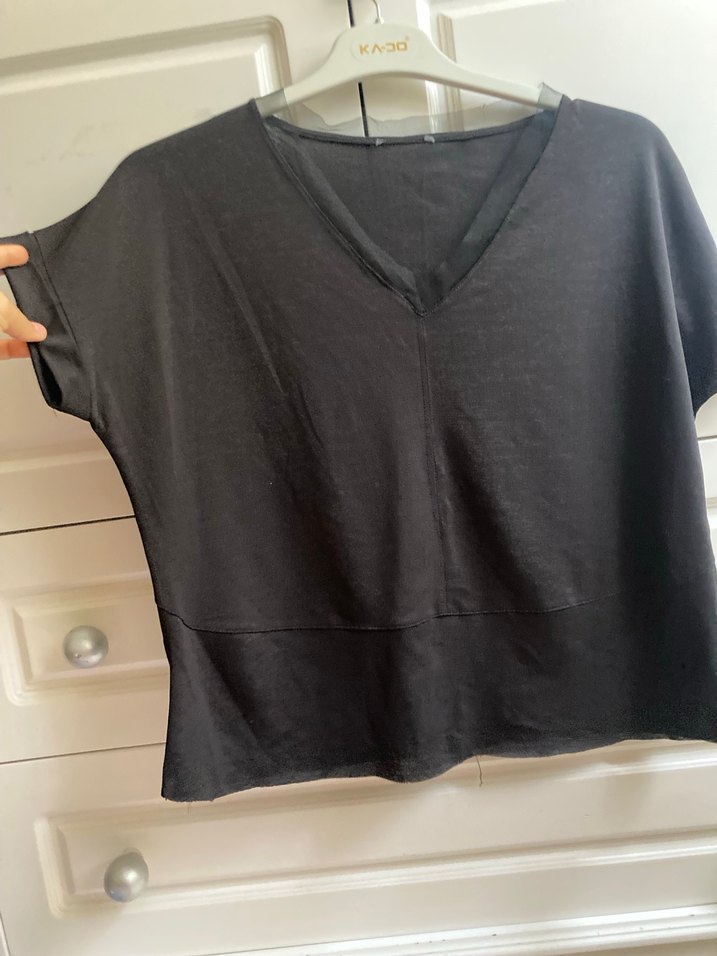 Siyah Keten Hamile Tişörtü, Kısa Kollu, Salaş - Görsel 3