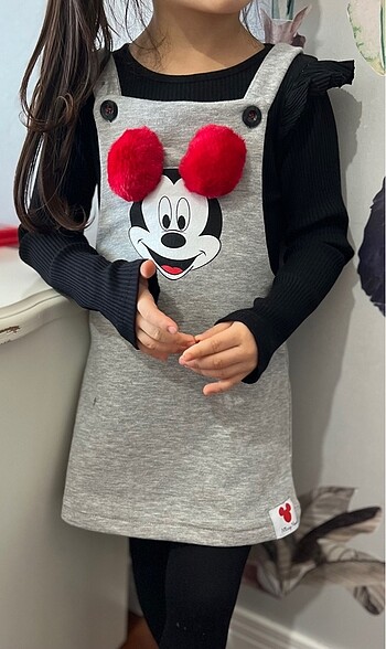 9-12 Ay Beden gri Renk Mickey Mouse ponponlu jile elbise