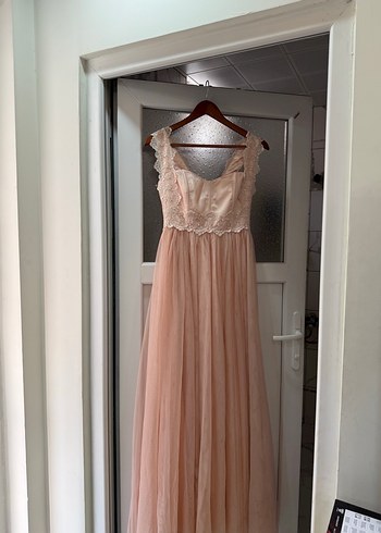 Dantel detaylı uzun pembe vintage elbise - Görsel 3