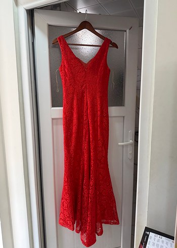 Kırmızı Dantel V Yaka Midi Elbise - Görsel 4