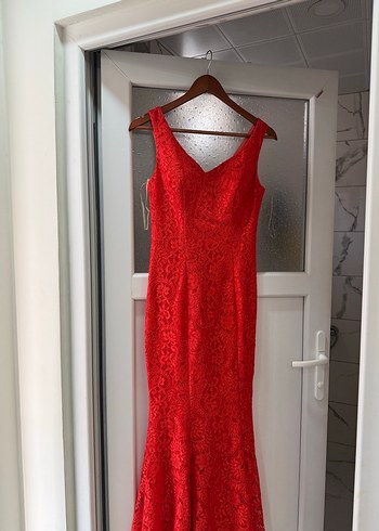 Kırmızı Dantel V Yaka Midi Elbise - Görsel 6