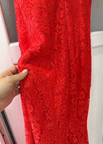 Kırmızı Dantel V Yaka Midi Elbise - Görsel 5