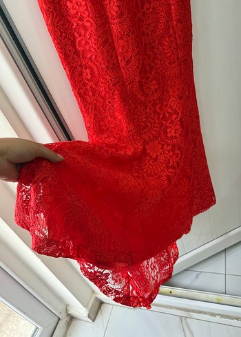 Kırmızı Dantel V Yaka Midi Elbise - Görsel 3