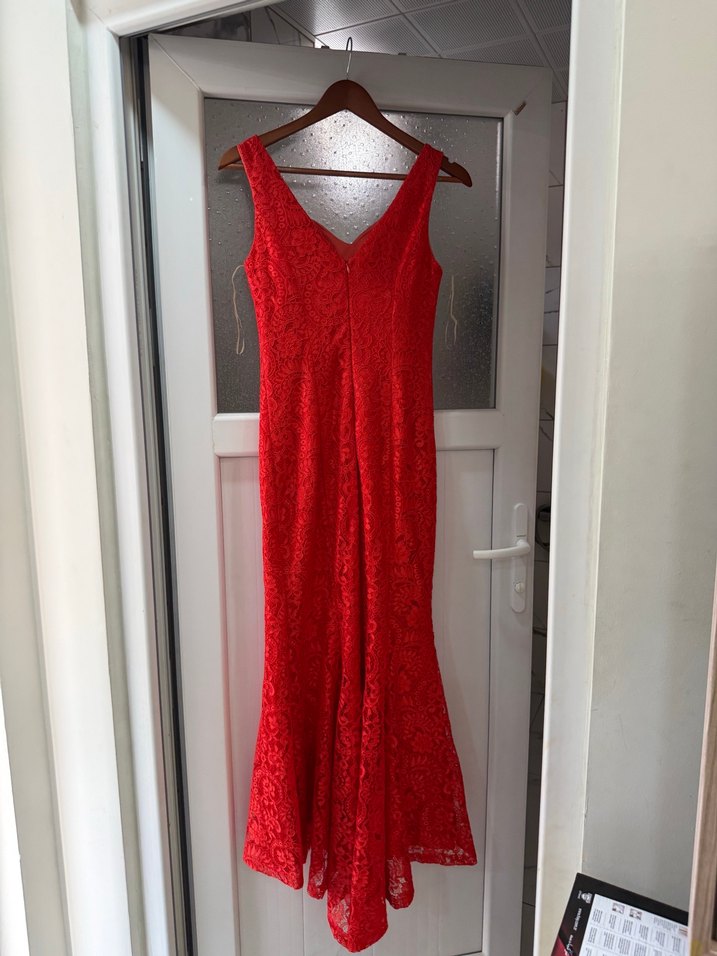 Kırmızı Dantel V Yaka Midi Elbise - Görsel 4