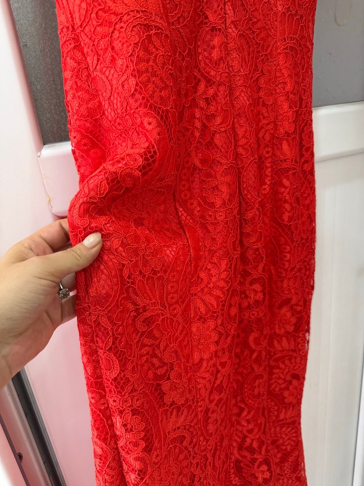Kırmızı Dantel V Yaka Midi Elbise - Görsel 5