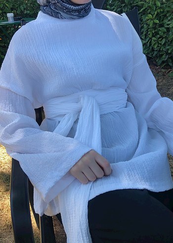 l Beden Beyaz Keten Kadın Kimono, Bol Kesim, Midi Boy