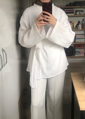 Beyaz Keten Kadın Kimono, Bol Kesim, Midi Boy