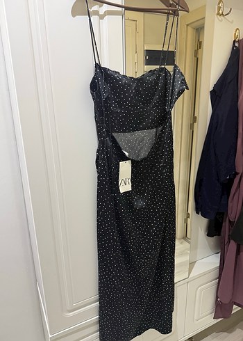 Zara Puantiye Desenli Siyah Uzun Askılı Elbise - Görsel 3
