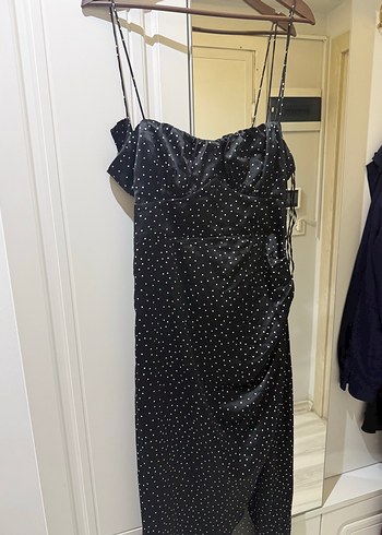 Zara Puantiye Desenli Siyah Uzun Askılı Elbise - Görsel 2