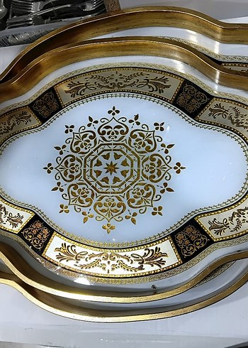 2 li Yılan Desenli Gri Altın Renk Tepsi - Görsel 2