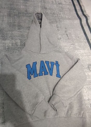 Gri Kapüşonlu Mavi Baskılı Sweatshirt