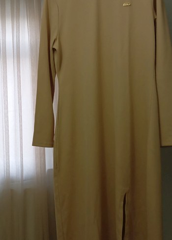 Bej Yüksek Yakalı Midi Elbise - Görsel 3