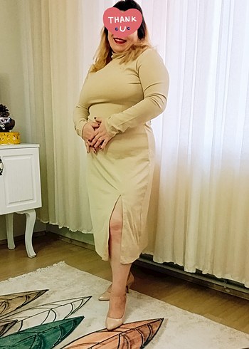 Bej Yüksek Yakalı Midi Elbise - Görsel 2