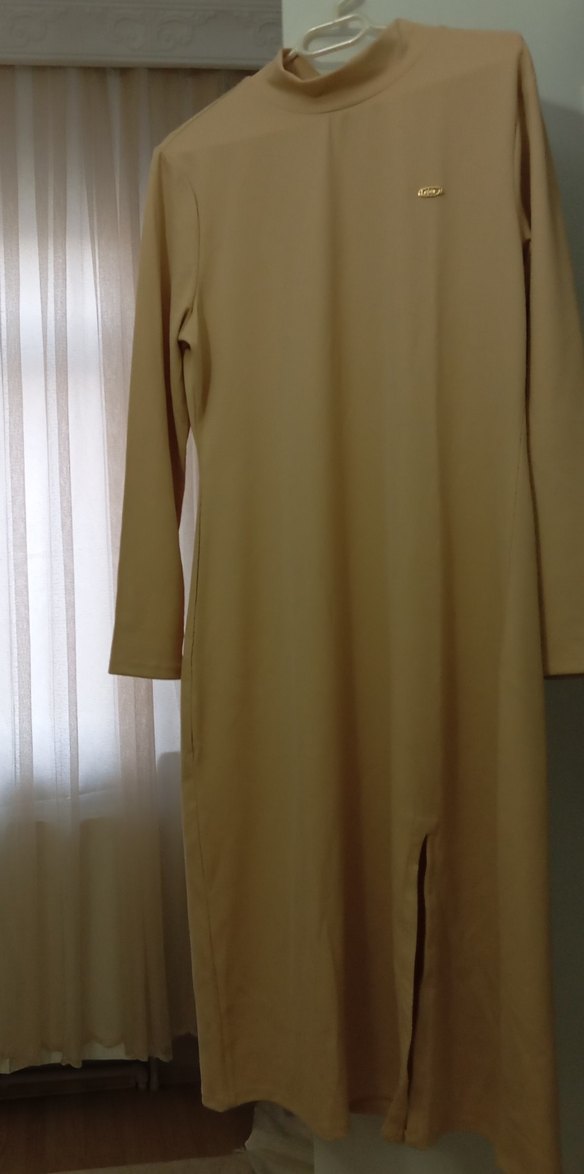 Bej Yüksek Yakalı Midi Elbise - Görsel 3