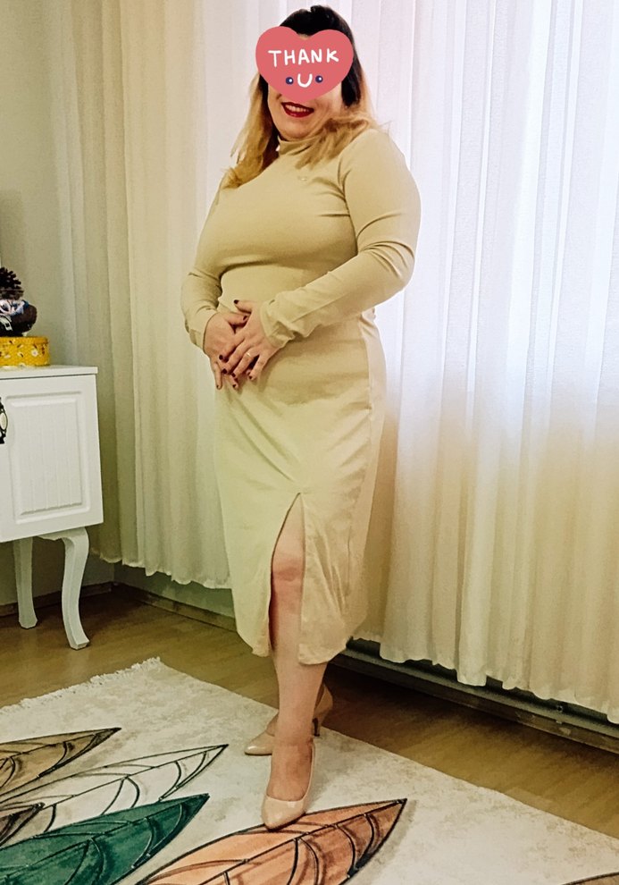 Bej Yüksek Yakalı Midi Elbise - Görsel 2