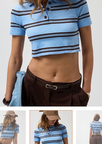 Çizgili Kısa Kol Polo Crop Top