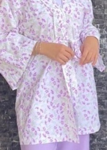 Düğmeli Uzun Mor Bohem Keten Kadın Kimono - Görsel 3