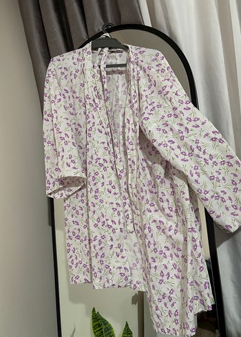 Düğmeli Uzun Mor Bohem Keten Kadın Kimono - Görsel 2