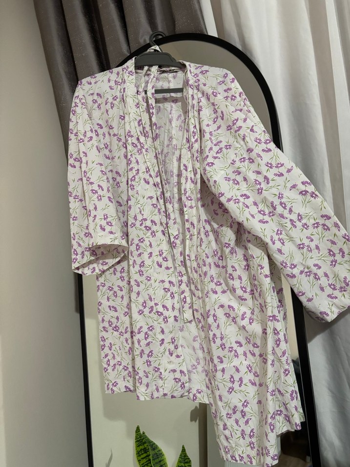 Düğmeli Uzun Mor Bohem Keten Kadın Kimono - Görsel 2