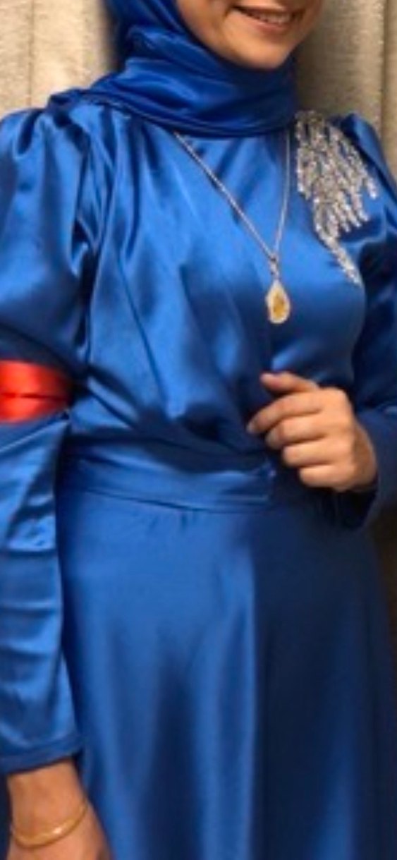 Mavi İşlemeli Uzun Kollu Abiye Elbise - Görsel 4