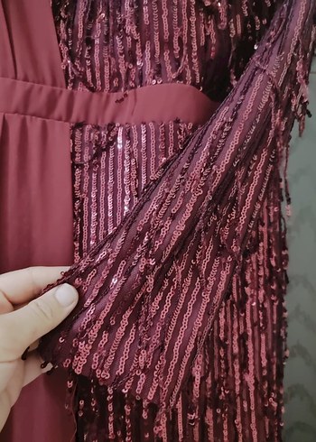 Bordo Uzun Abiye Elbise Drapeli ve Pul İşlemeli - Görsel 3