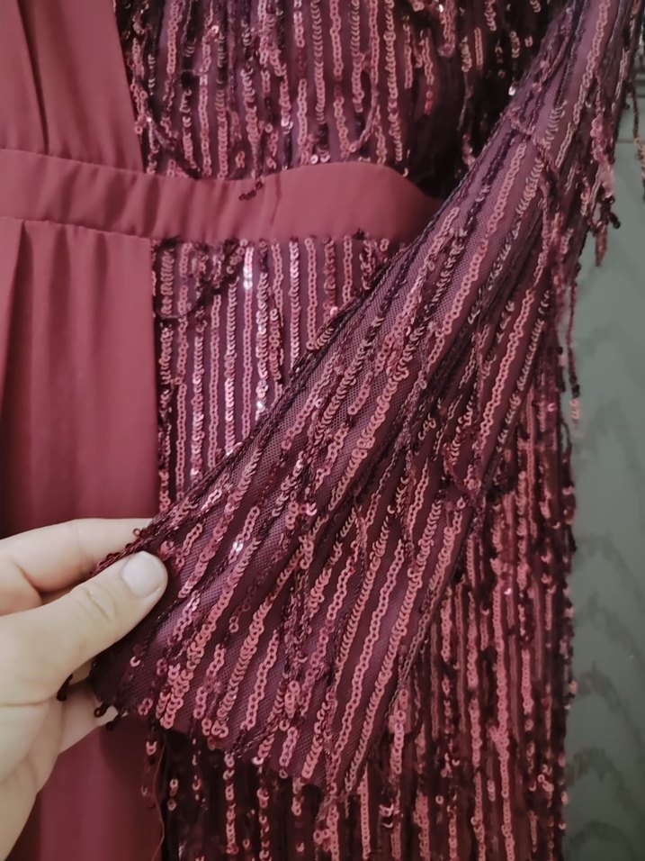 Bordo Uzun Abiye Elbise Drapeli ve Pul İşlemeli - Görsel 3