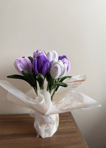 Bohem Mor Beyaz Kadife Çiçek Buketi - Görsel 2