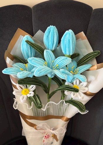 Bohem Tarzda Mavi El Yapımı Çiçek Buketi - Görsel 3