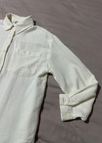 Zara Düğmeli Beyaz Keten Kadın Gömlek - Görsel 4