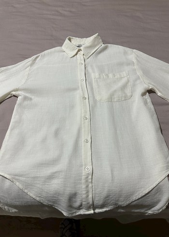 Zara Düğmeli Beyaz Keten Kadın Gömlek - Görsel 5