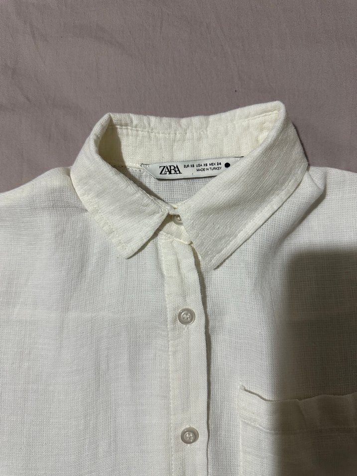 Zara Düğmeli Beyaz Keten Kadın Gömlek - Görsel 2