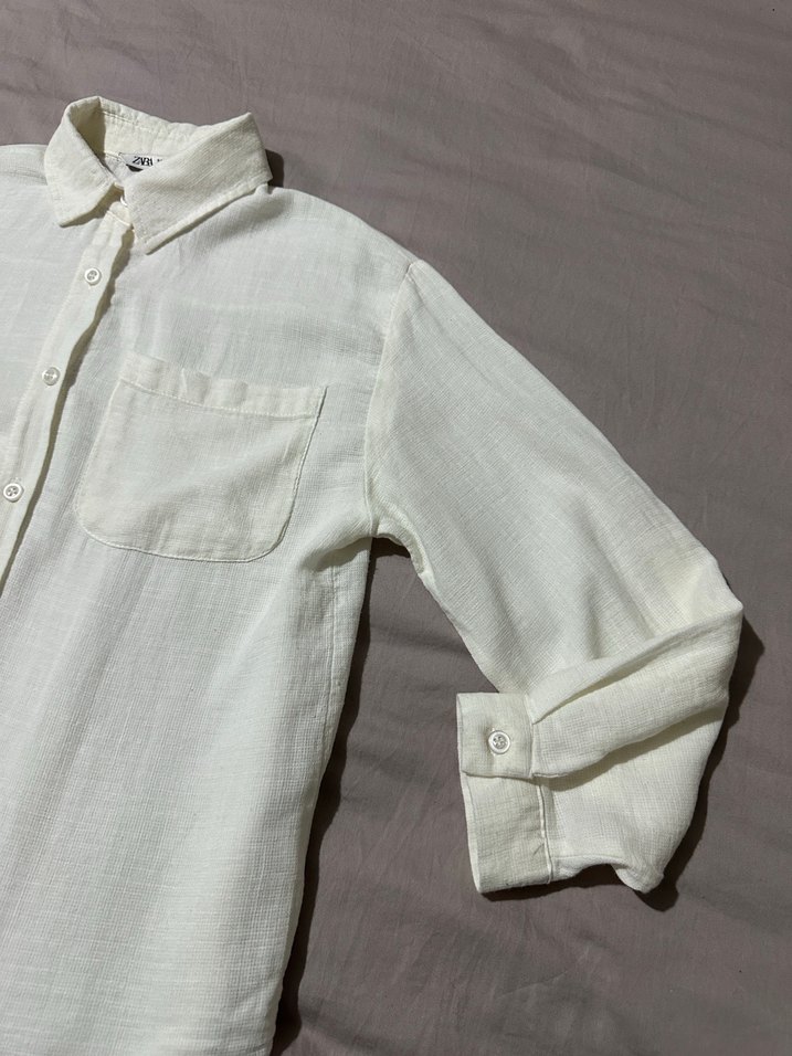 Zara Düğmeli Beyaz Keten Kadın Gömlek - Görsel 4